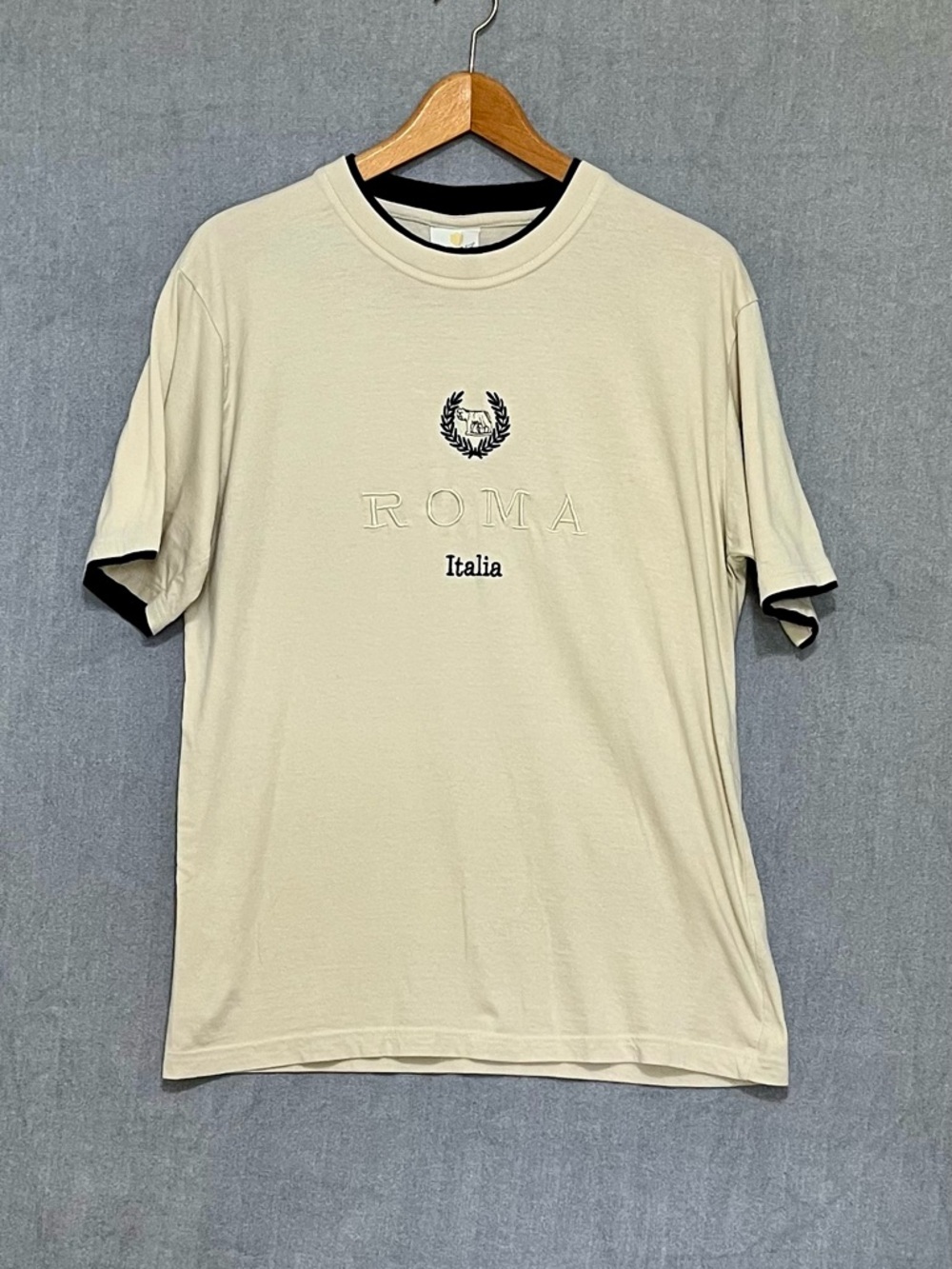 Sublima Roma Italia Beige And Black Embroidered T-Shirt Made in Italy‎